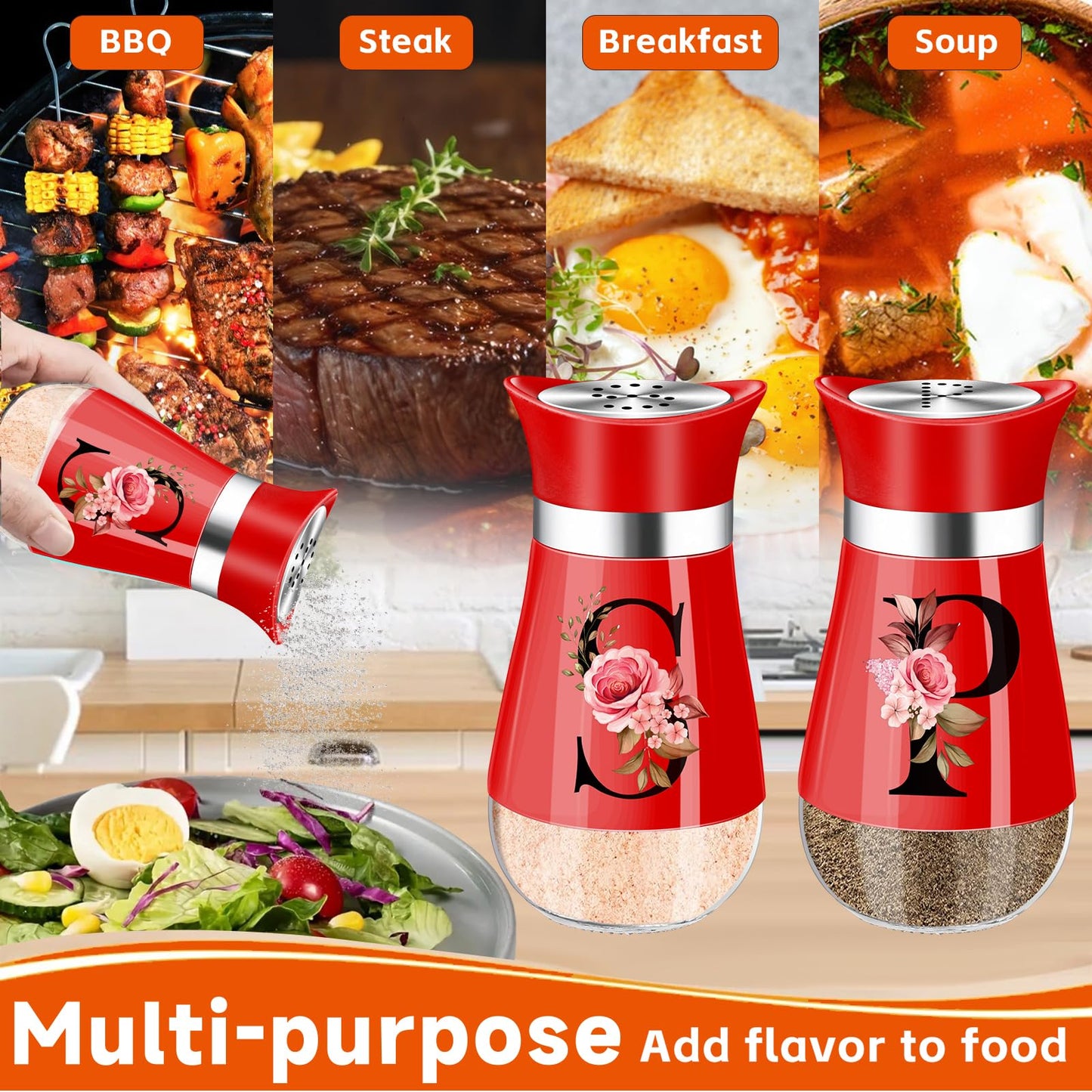 Salt and Pepper Shakers Set, 4 oz Red Kitchen Accessories, Stainless Steel & Glass Spice Dispenser Classic, Refillable Design, Farmhouse Salt Pepper Shakers Cute Kitchen Decoration (Red)
