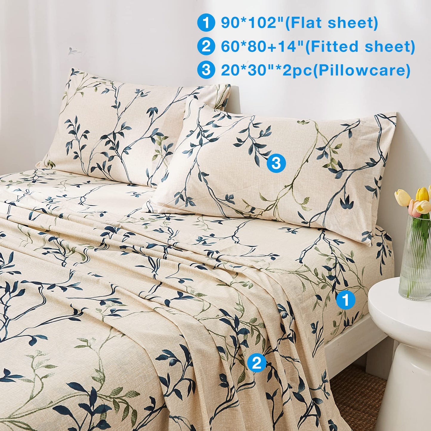 JSD Beige Leaves Printed Sheet Set King Size, 4 Piece Botanical Pattern Microfiber Sheets Extra Deep Pocket