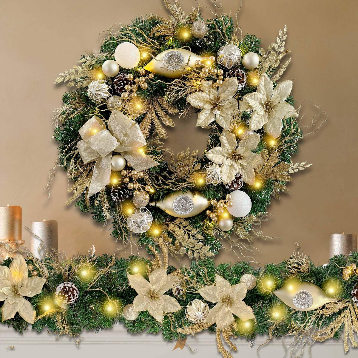 WANNA-CUL Pre-Lit 6 Feet/72 Inch Christmas Garland for Front Door with Lights Champagne Gold Christmas Mantel Garland Decoration with Ball Ornaments, Poinsettia Flowers,Ribbon,Battery Operated 30 LED
