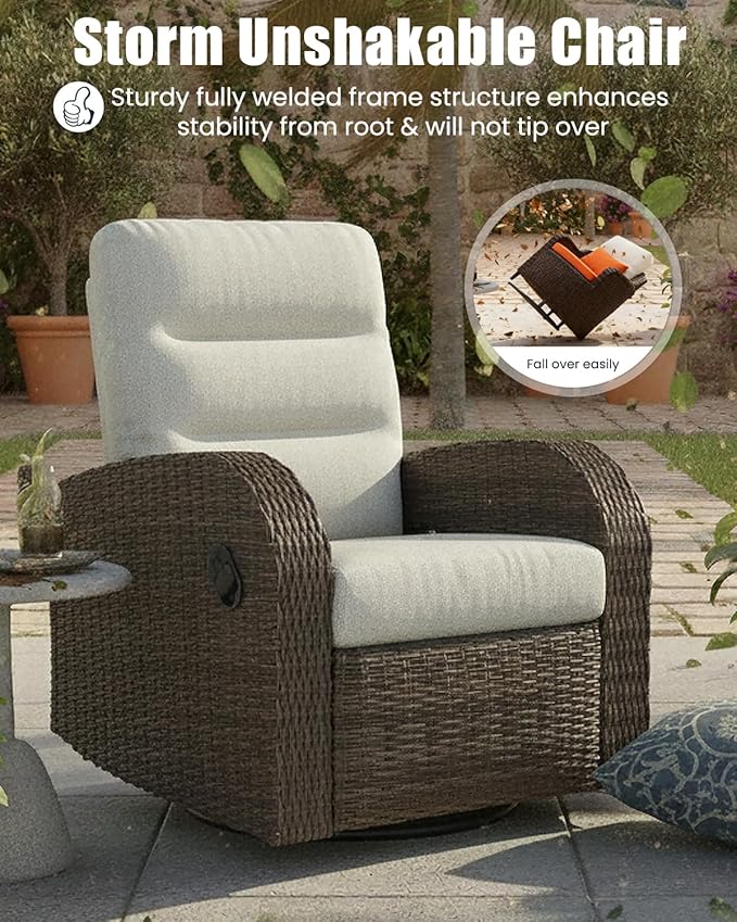 Outdoor Swivel Recliner Chair Set of 2, All-Weather Wicker Reclining Patio Chair with Adjustable Backrest and Footrest