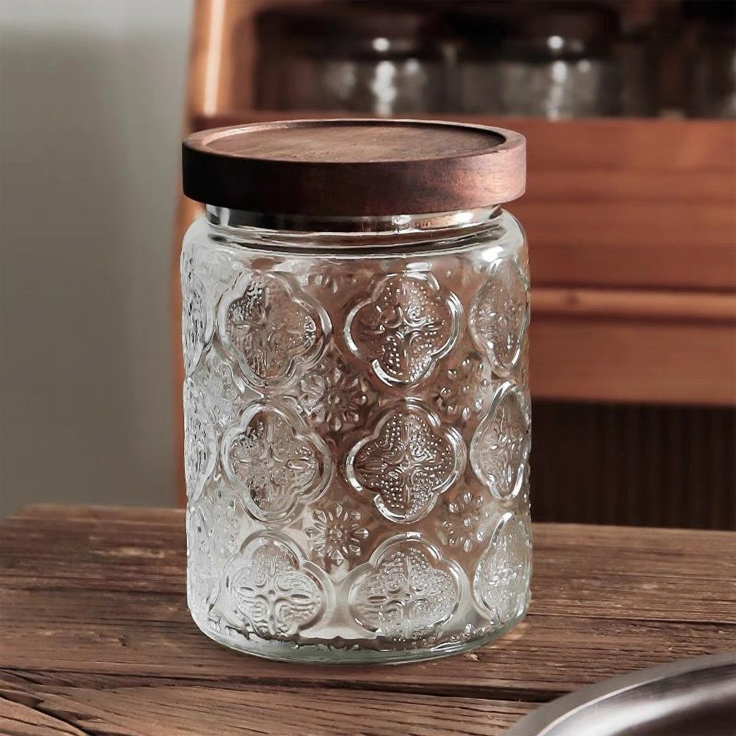 Custde Glass Storage Jars With Airtight Lid, 23.7oz Container For Kitchen Counter with Wooden Lid, brown sugar, candy, coffee, cookie, salt, tea, cute Jar (Begonia Flowers*2)