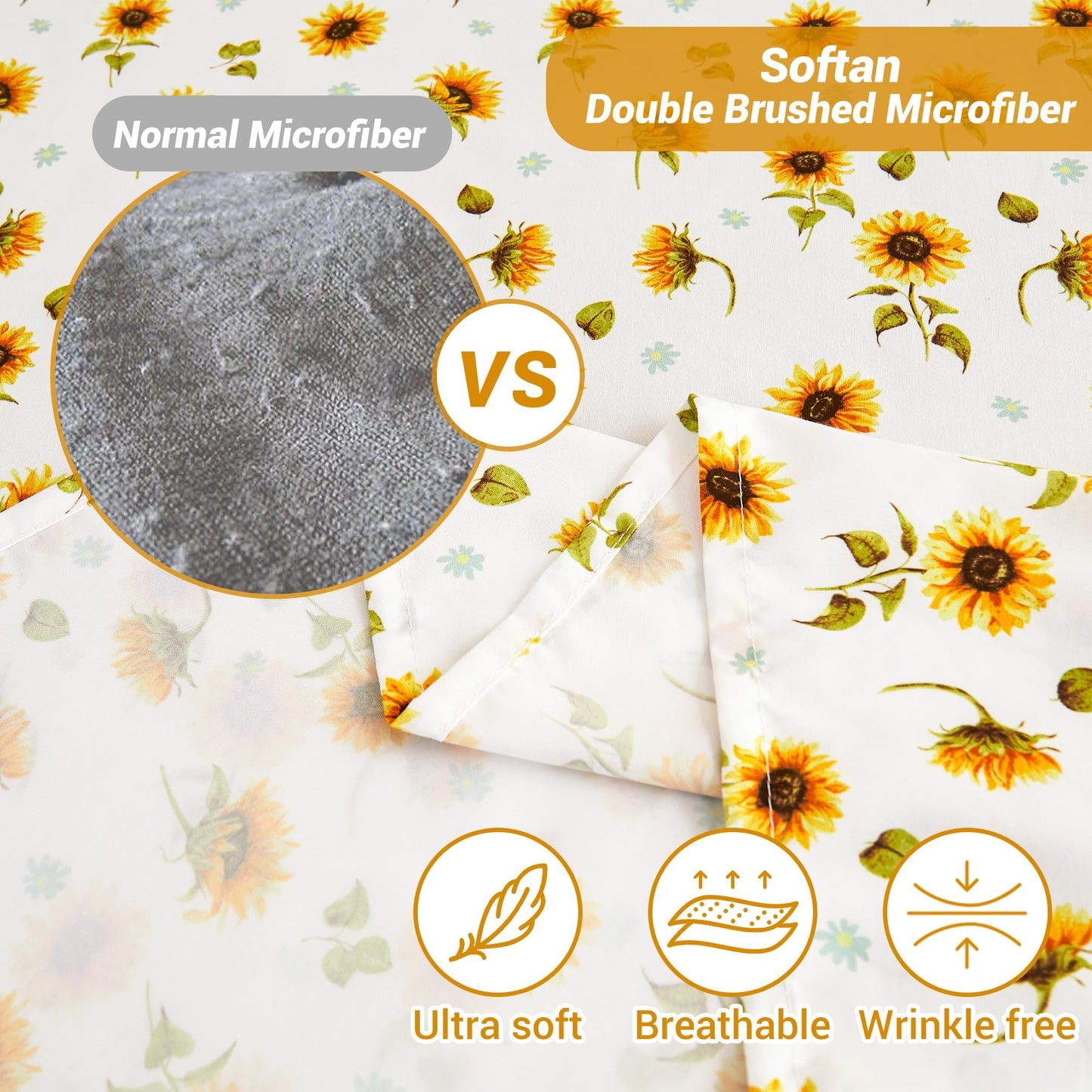 Softan Yellow Floral Sheet Set King, Sunflower Printed Bed Sheets King, Brushed Microfiber Fitted Sheet with 15" Deep Pocket & Non-Slip Straps, Yellow Flower Patterned Sheet & Pillowcase Sets