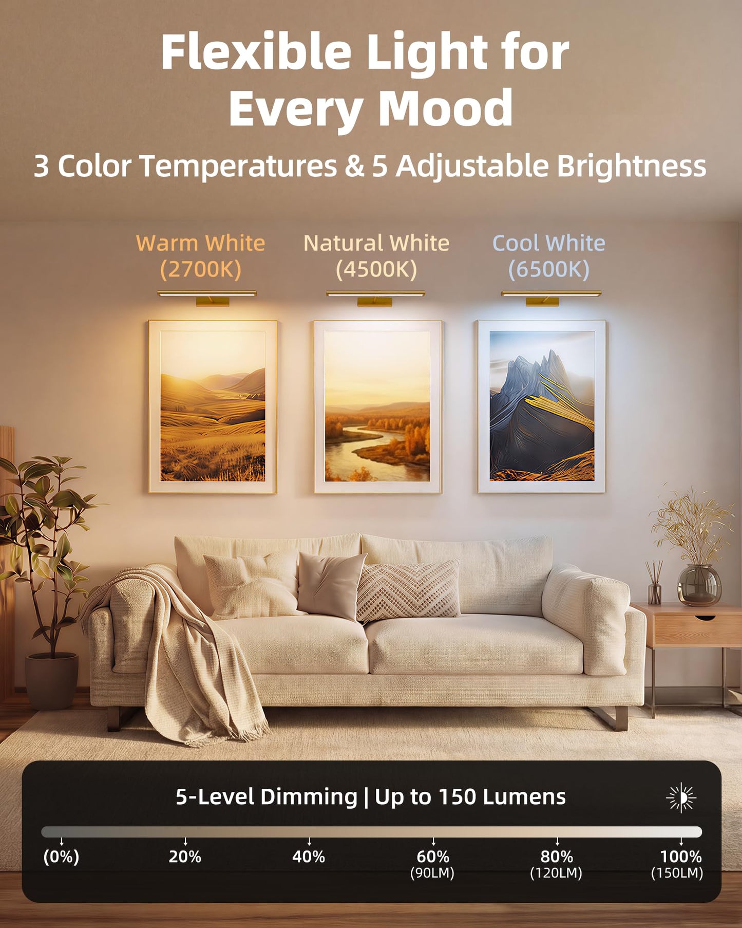 EZVALO Picture Light for Wall, 4800mAh Rechargeable Wireless Remote, Dimmable Magnetic LED Art Display Light with 3 Color Temperatures, for Gallery, Living Room, Bedroom, Hallway (Gold-2Pack)