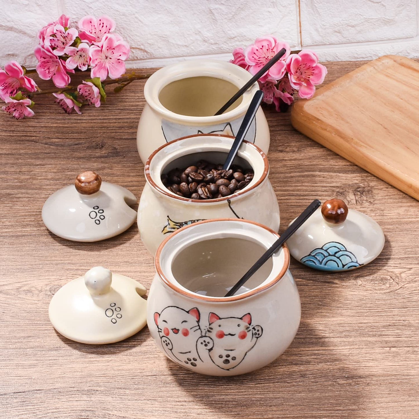 LMRLCS Ceramic Sugar Bowl with Lid and Spoon, Japanese Sugar Bowl with Spoon and Lid (Style 2)