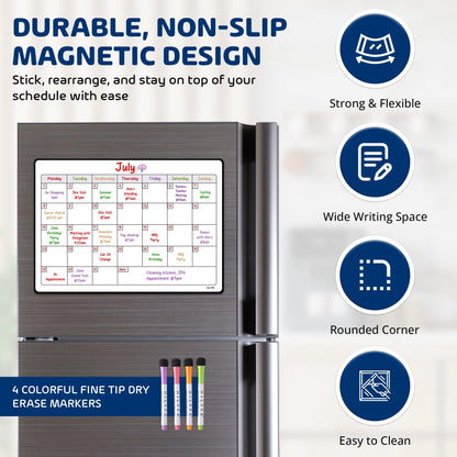 HILYFE Monthly Planner Whiteboard A3- Magnetic Fridge Calendar for Cupboard & Wall with 4 Dry Erase Markers - Meal Planning Memo Board - Task Planning and Event Reminder Notice Board