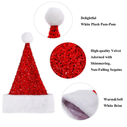Chisander Sequin Santa Hat, Unisex Santa Hat for Adults with Shiny Sequin and Fluffy Pompom, Party Hat for New Year Xmas Festival (Red)