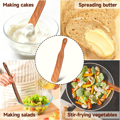 2Pcs Acacia Wood Skinny Spurtle Set - Skinny Stirring Rods for Sourdough Starter, Mixing & Scraping Dough - with Hanging Holes for Easy Storage (Natural wood color)