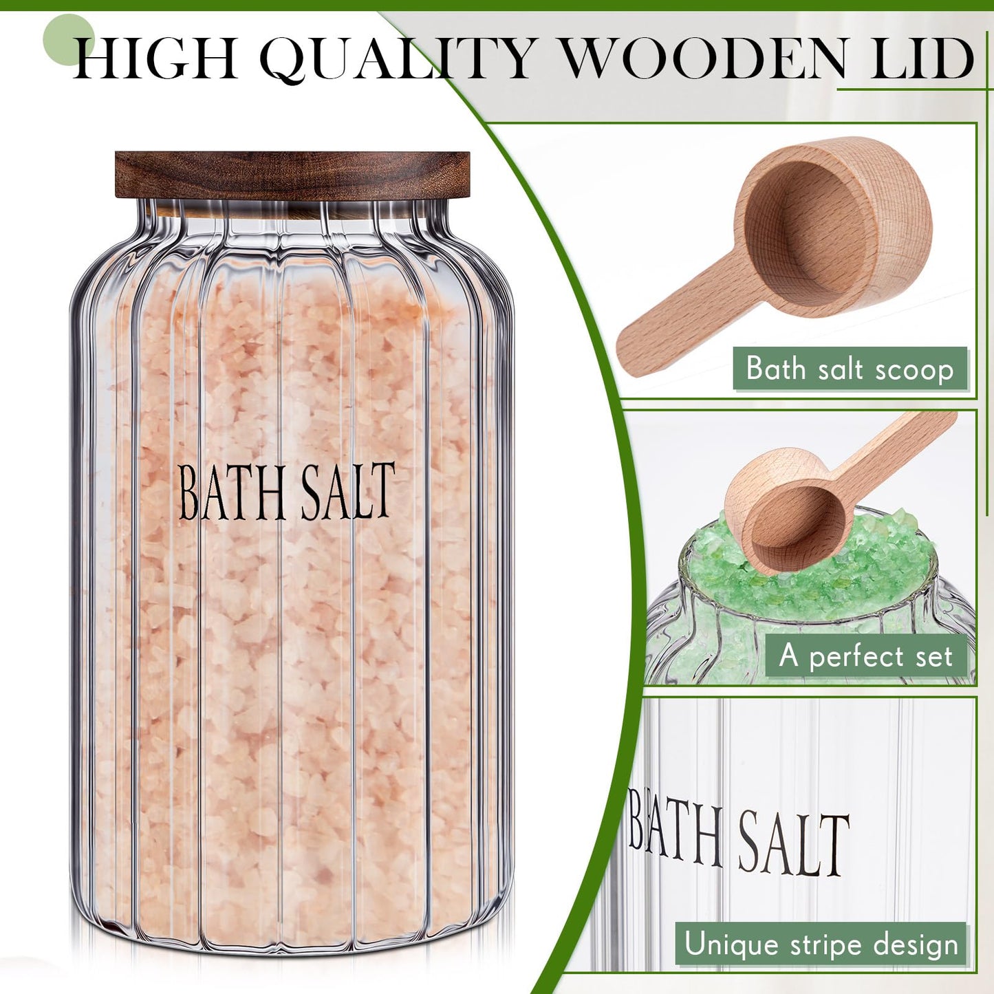 Maxdot 2 Pack 94 oz Large Bath Salt Container with Scoop Glass Bath Salt Jar with Wooden Lid, Large Bathroom Glass Jar Canister Airtight Storage Jars Bathtub Accessories for Bathroom Decor