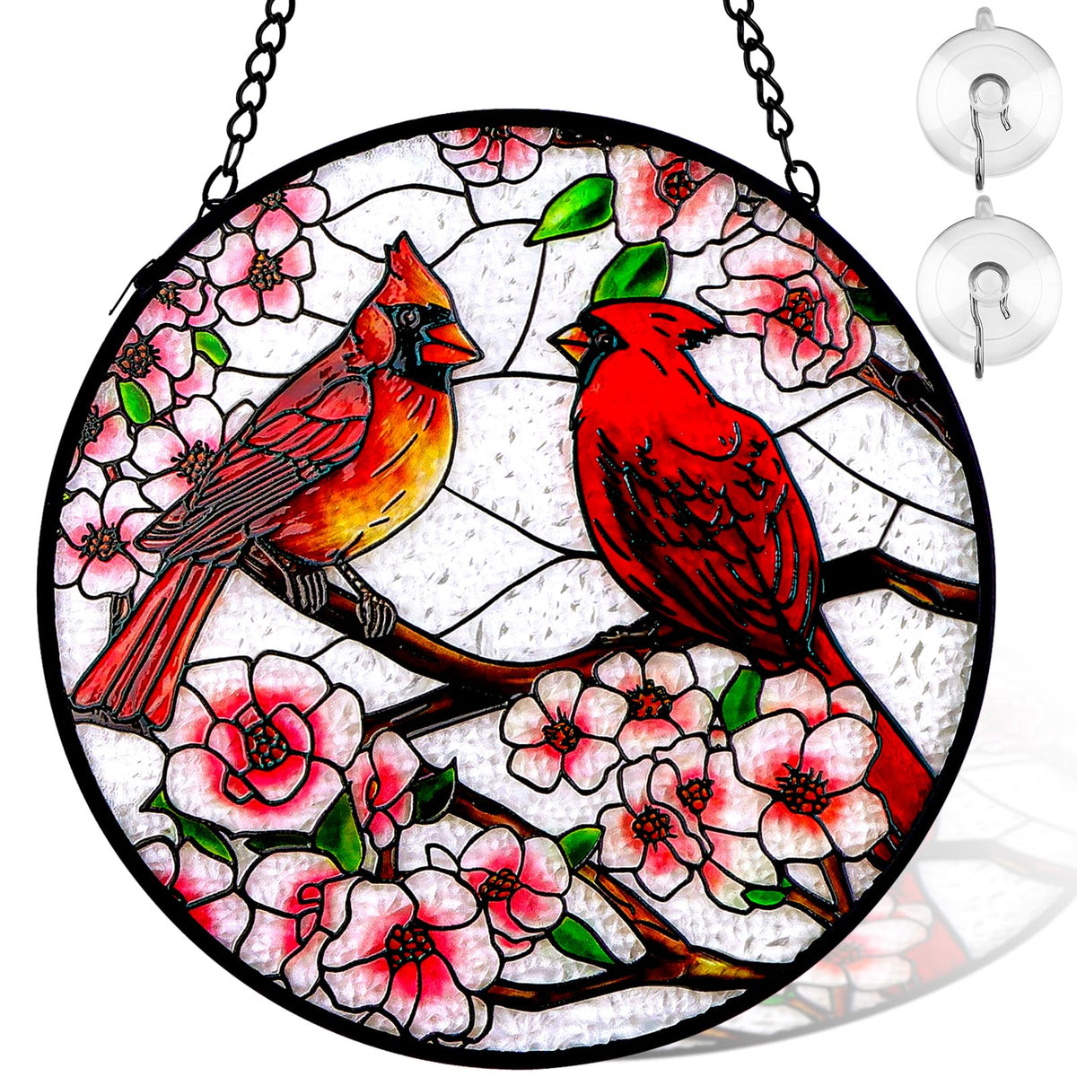 Remiawy Cardinal Stained Glass Window Hanging, 6 Inch Sun Catcher Glass Panel with Metal Chain and Hooks Suncatcher Indoor Window Wall Art Home Decor Gift for Bird Lovers Women Mother's Day Christmas