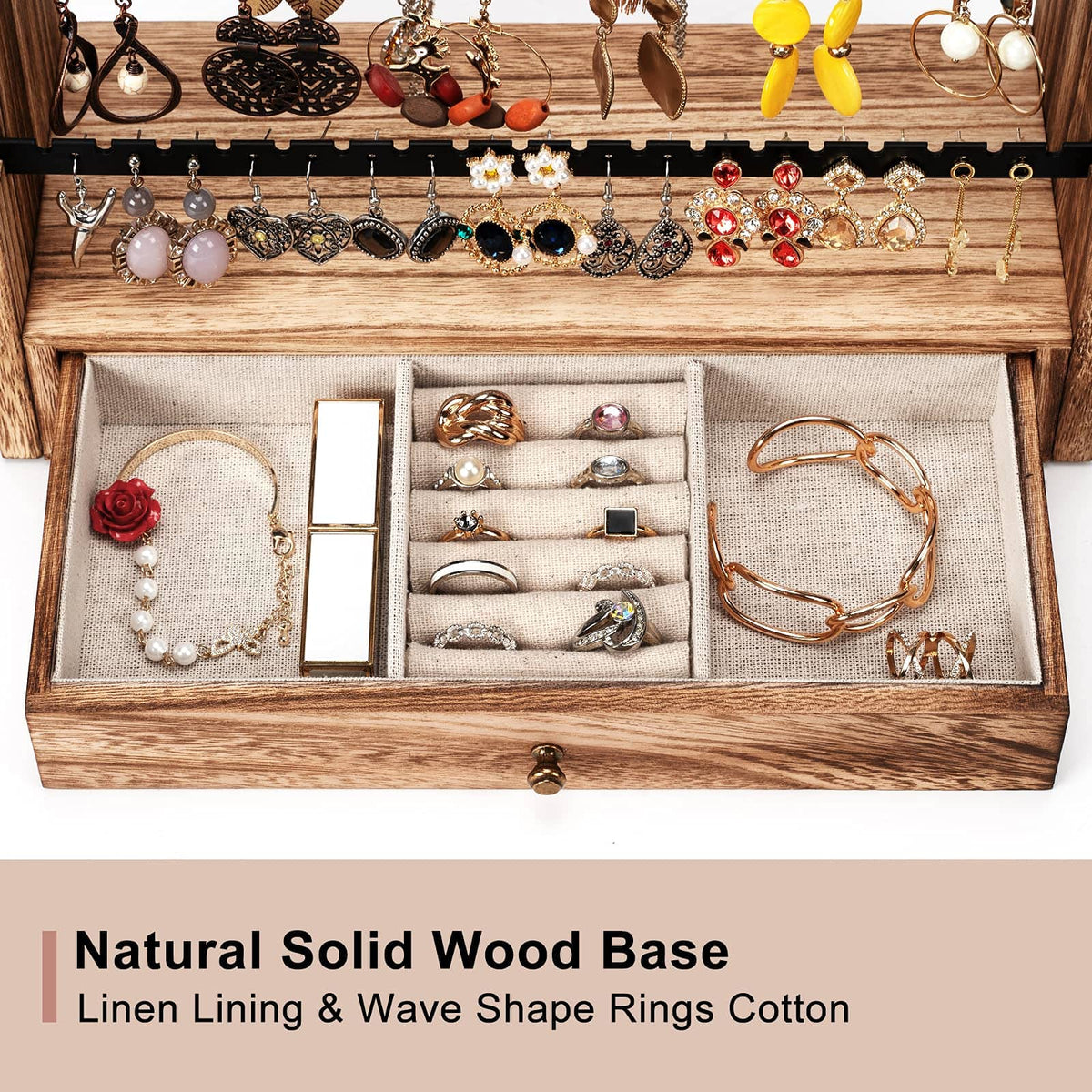 Pinzoveco Earring Organizer, 5 Layer Earring Holder Organizer with Necklace Holder Pole, Rustic Wood Jewelry Organizer Stand Display for Stud Earring Bracelet Necklace Ring, 175 Earring Holes