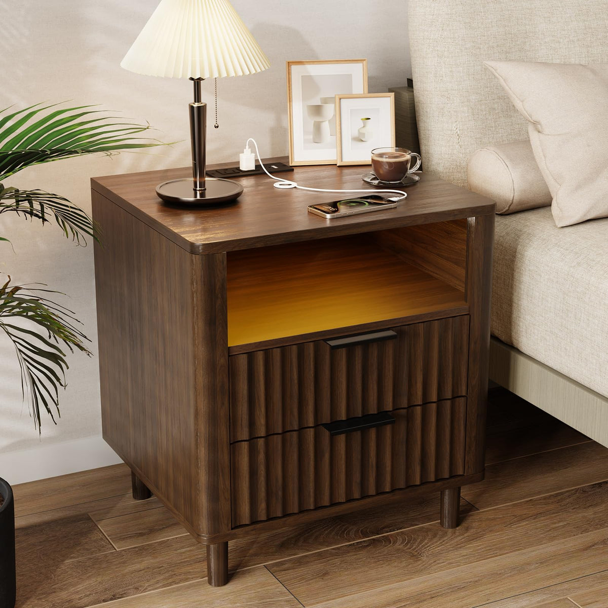 Fluted Nightstand with Charging Station, 2 Drawers Storage Bedside Table, Solid Wood Modern Nightstand with Open Shelf, Curved Profile Design, End Table for Indoor Room Bedroom Office, Walnut