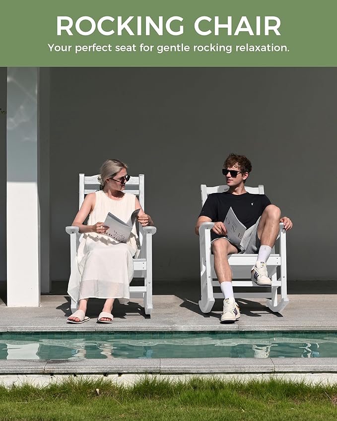 Oversized Outdoor Rocking Chair, High Back Patio Rocking Chair, HDPE All Weather Resistant Rocking Chairs for Patio,380lbs Weight Capacity, White