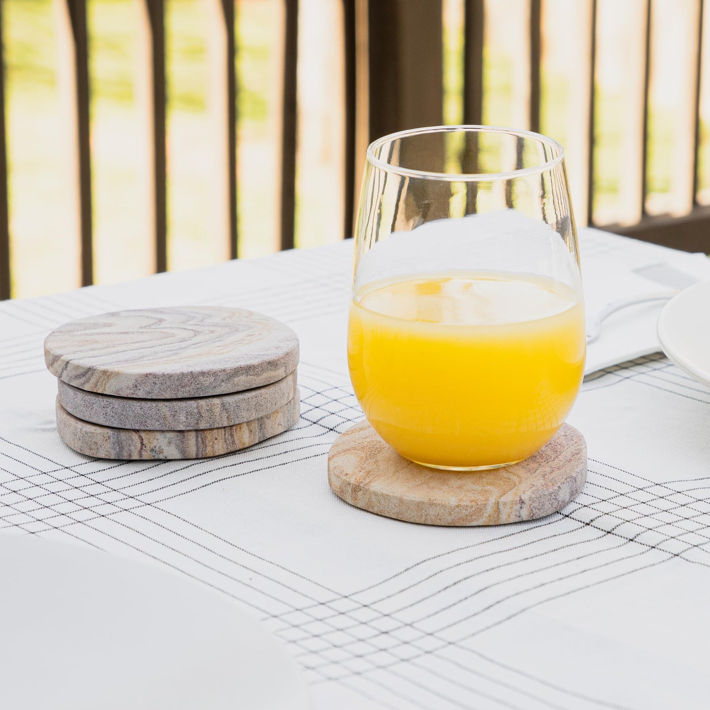 Cork & Mill Absorbent Coasters Set of 4 - Water Absorbing Sandstone Coasters for Drinks - Perfect for Coffee Table, Office Desk, Outdoor, Bedroom Nightstand - 4" Round - Unique Irregular Edge Design