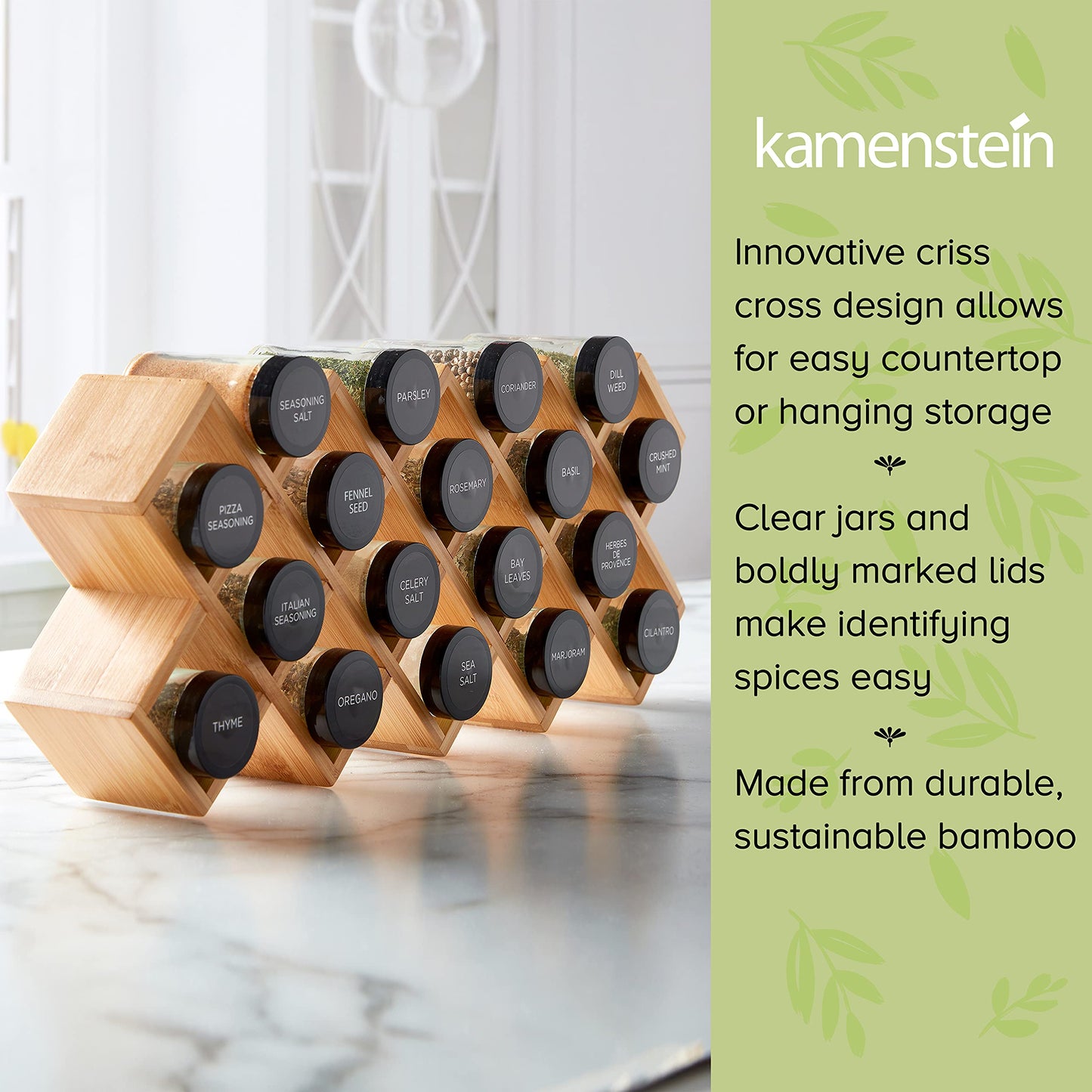 Kamenstein Criss Cross 18 Jar Bamboo Spice Rack with Spices Included - Countertop, Drawer, or Wall Mount Organizer with Refill Program