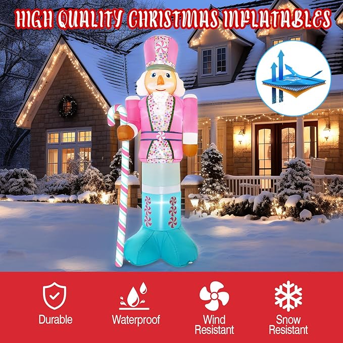 10FT Christmas Inflatables Pink Nutcracker Hold Candy Cane, Christmas Blow up Yard Decoration Inflatable Nutcracker Built-in 6 LED for Xmas Decorations Outdoor Indoor Xmas Gifts