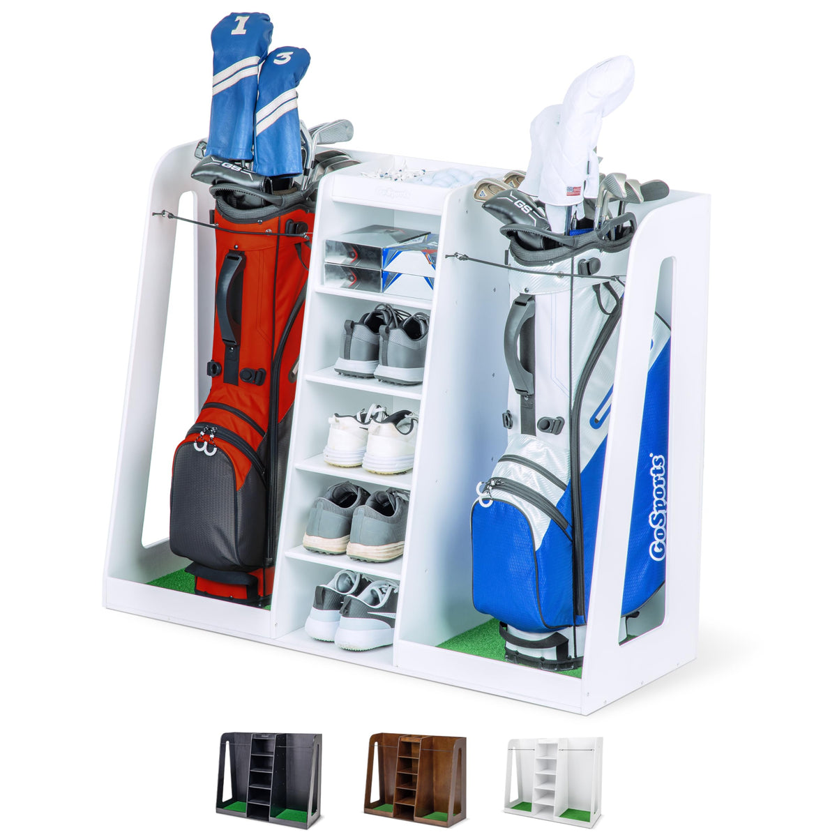 GoSports Premium Wooden Golf Bag Organizer and Storage Rack - Choose Your Style