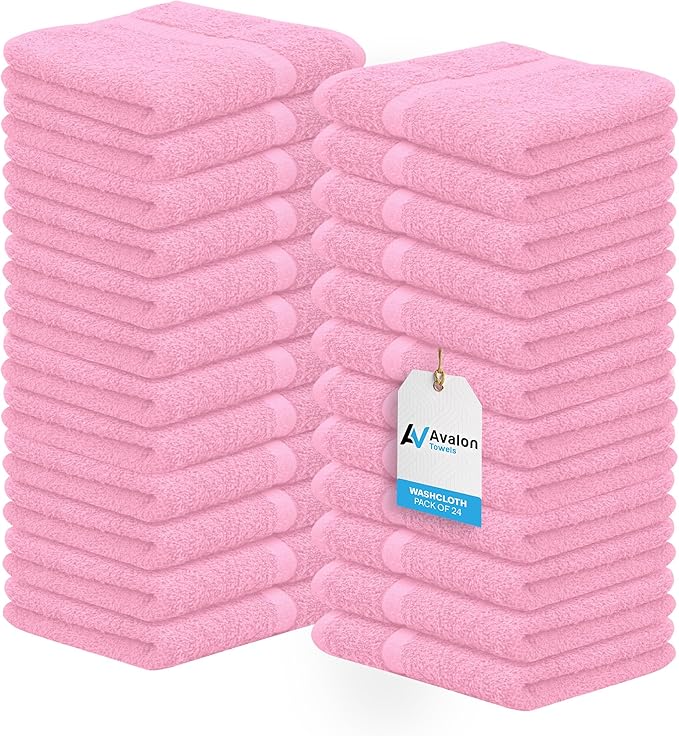 Avalon Towels Cotton Washcloths 24-Pack – 12 x 12 Inch Pink Super Soft &