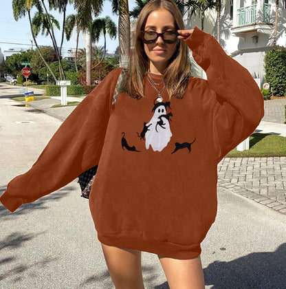 LUKYCILD Halloween Spooky Season Sweatshirt Women: Oversized Black Cat Ghost Sweatshirts Fall Embroidered Pullover Top