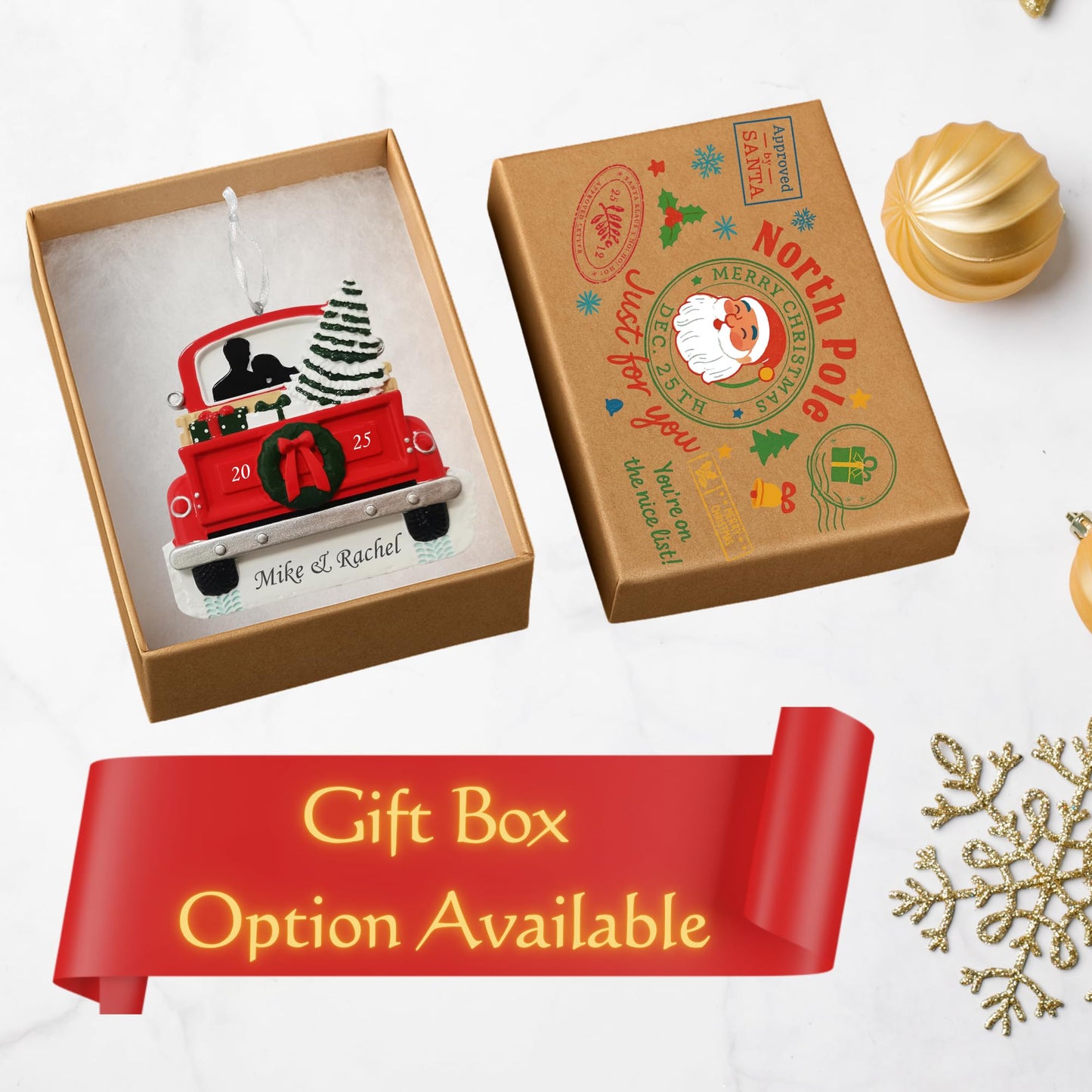 2025 Couple Personalized Christmas Ornament – Custom Ornament Gift for Couples, Newlyweds, Married & Engaged Partners – Engraved Decoration for First Christmas Together (Red Truck Couple)