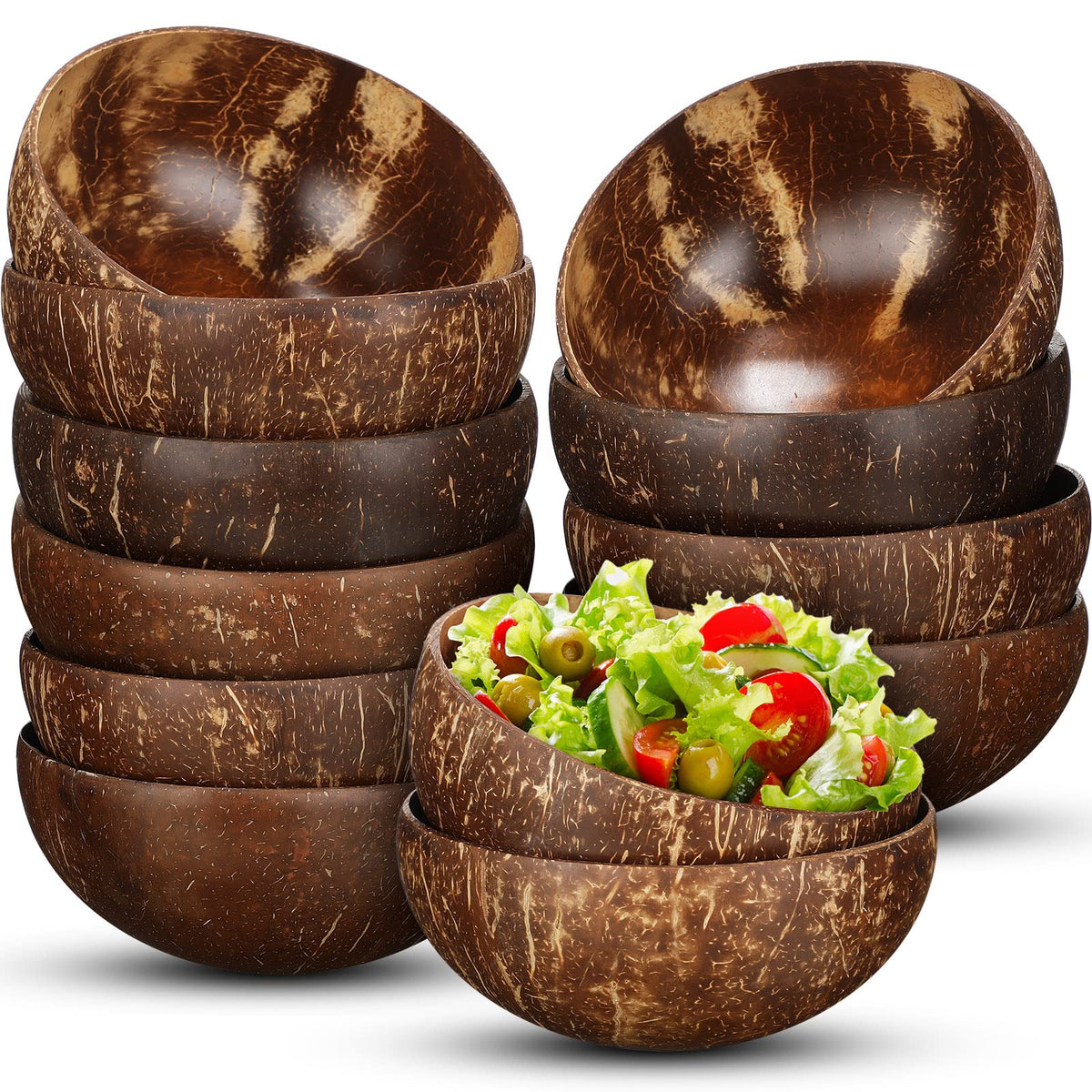 Bokon 12 Pcs Coconut Shell Bowls Polished Wooden Bowls Natural for Smoothie Acai Salad Vegan Gifts Kitchen Decor (Medium)