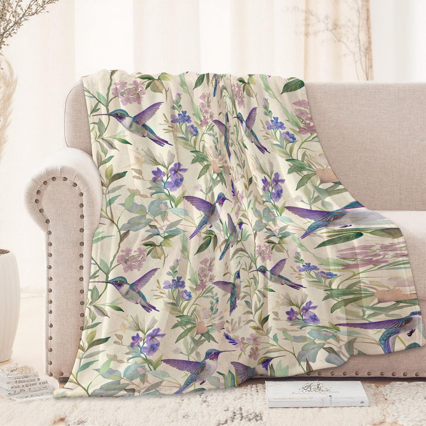 Floral Hummingbird Blanket 40x50 in, Flannel Throw Blankets for Travel Camping Sofa Living Room Decor, Lightweight Cozy Soft Fuzzy Gifts for Women Adults Kids