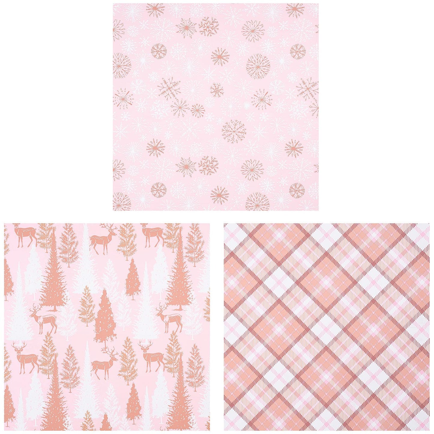 RUSPEPA Pink Christmas Wrapping Paper Set, Mini Roll, Gold Foil Winter Wonderland Design with Reindeer, Snowflake, Plaid Patterns Perfect for Holiday Gifts, 3 Rolls, 17 inches x 10 feet per Roll