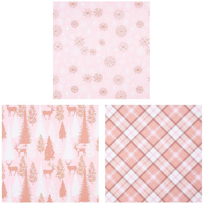 RUSPEPA Pink Christmas Wrapping Paper Set, Mini Roll, Gold Foil Winter Wonderland Design with Reindeer, Snowflake, Plaid Patterns Perfect for Holiday Gifts, 3 Rolls, 17 inches x 10 feet per Roll