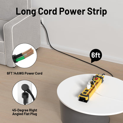 Power Strip Surge Protector 2700J with Individual Switches and Flat Plug, 3FT Heavy Duty Cord 6 Wide Spaced Outlet Mountable Metal Power Strips with Cord Manager and Hanger