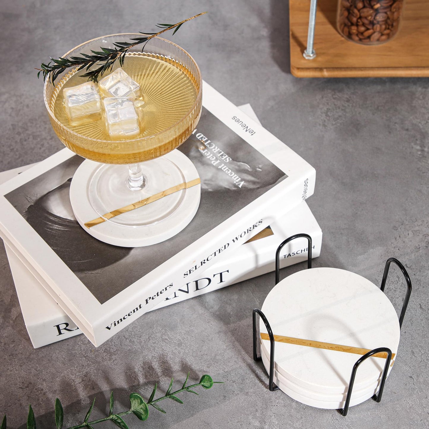 LiWiBet White Marble Coasters for Drinks with Holder Set of 4, Round Stone Coasters 3.94 Inches Elegant for Home Bar & Coffee Table Accessories Office Kitchen & Dining, Home Decor & Protection