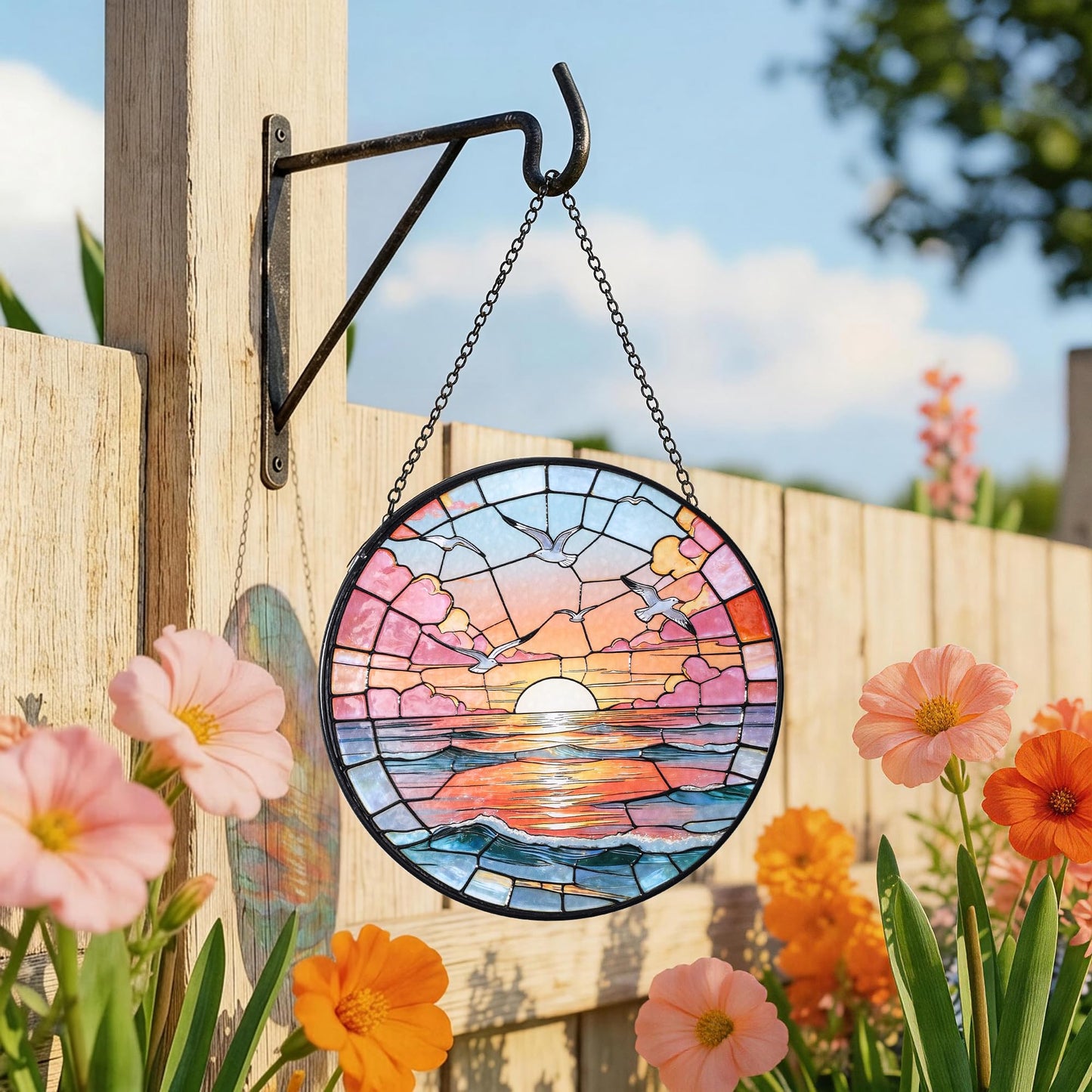 Hanging Stained Glass for Windows,20cm/7.87inch Sea Sunrise Stained Glass Suncatcher with Chain Garden Diamond Glass Panel Hangings Decoration for Home Decor Gifts for Family Friends Colleagues