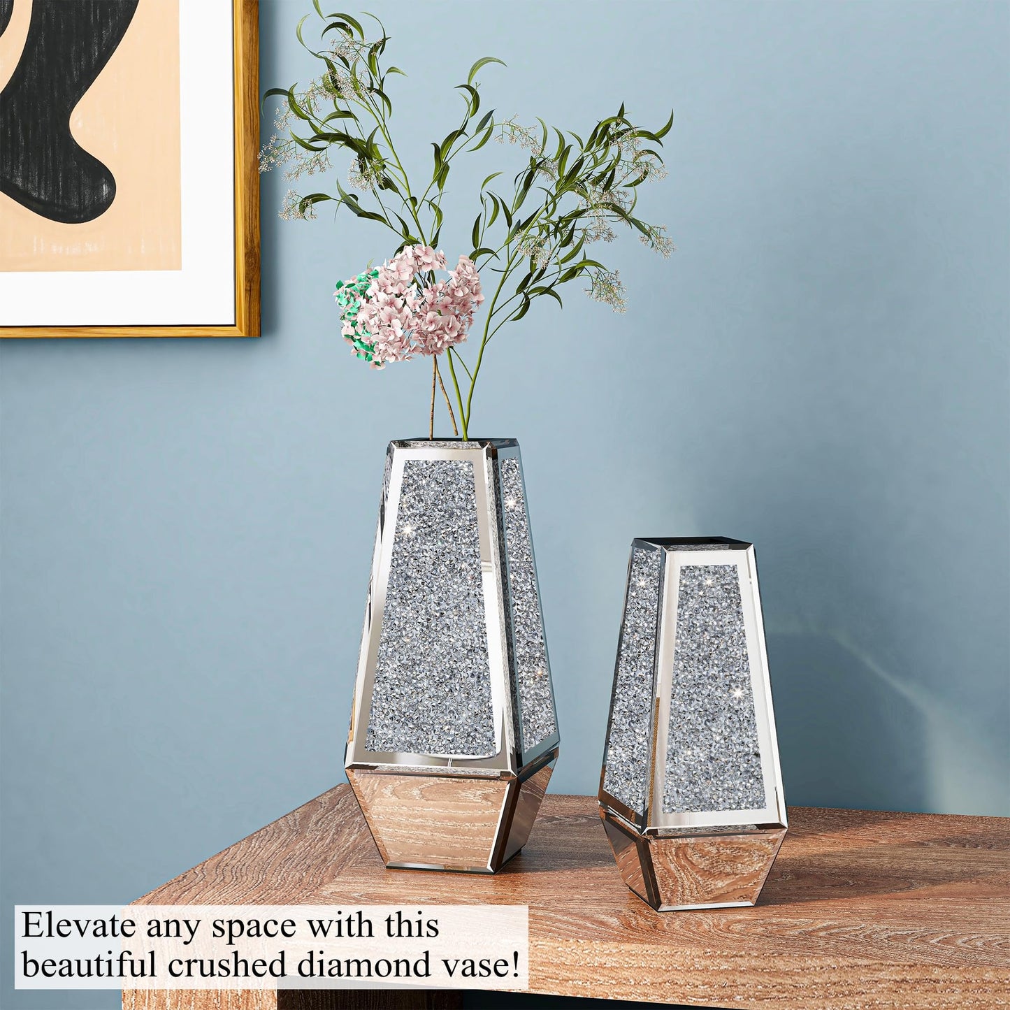 SHYFOY Crushed Diamond Mirrored Vases Set of 2, Silver Glass Flower Vases for Table Home Decor Crystal Vase for Dried Flowers Centerpieces - Can’t Hold Water