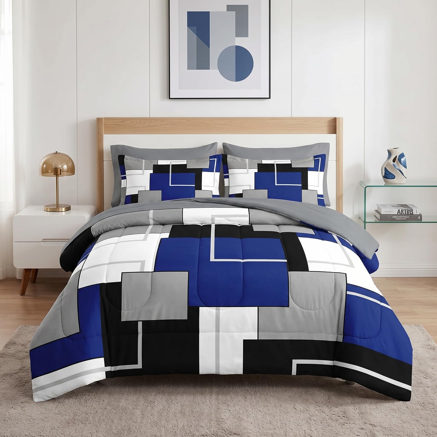 Nesker Comforter Set Queen Size, Blue Black Geometric 7 Pcs Bedding for Kids and Adults, Abstract Modern Grey Bed Sheet Sets with Fitted Sheet 2 Pillowcases & 2 Shams