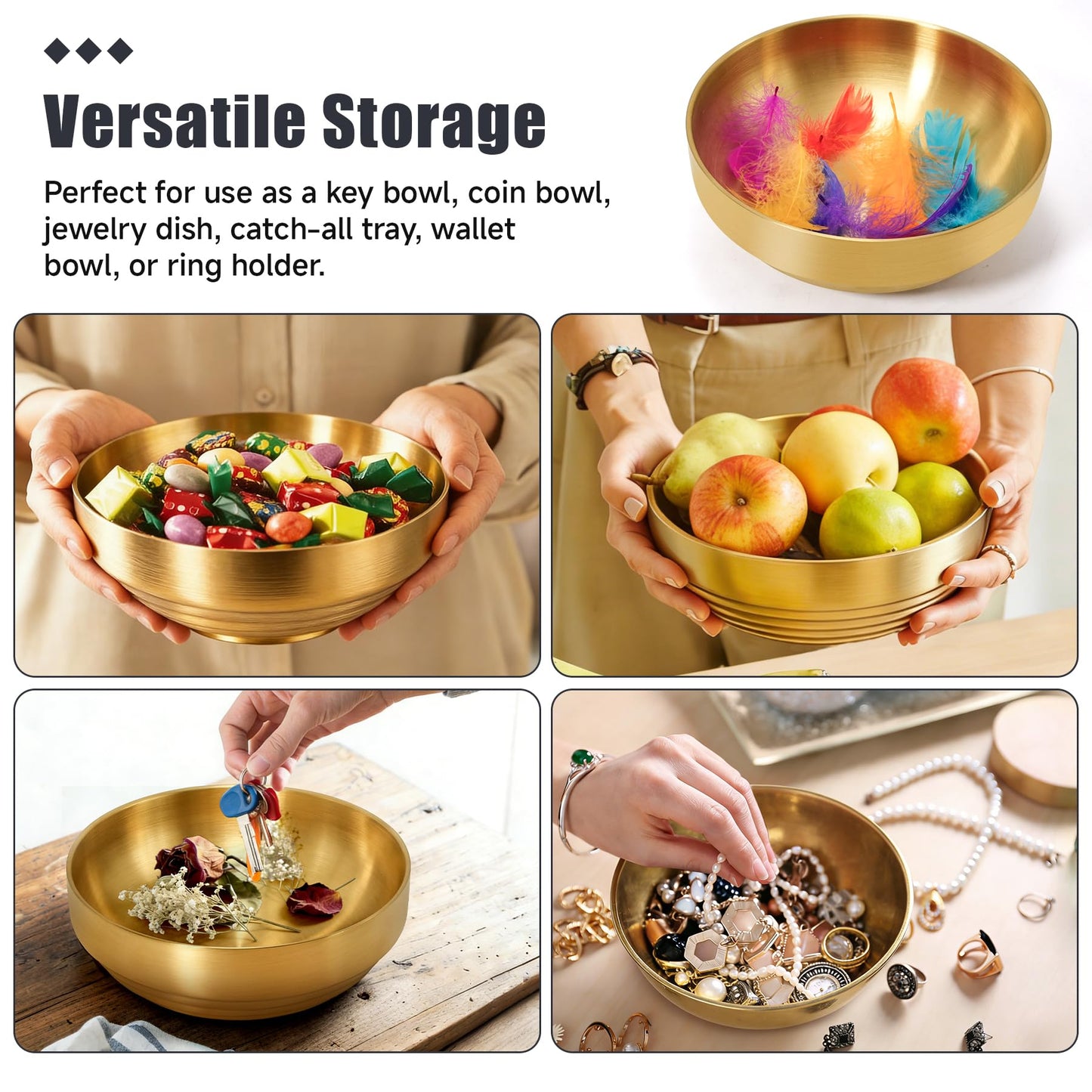 Philbinden 7.4" Gold Decorative Bowl Key Bowl Stainless Steel Fruit Bowl Modern Stylish Metal Centerpiece for Kitchen Counter, Key Catch All & Entryway Table Centerpiece