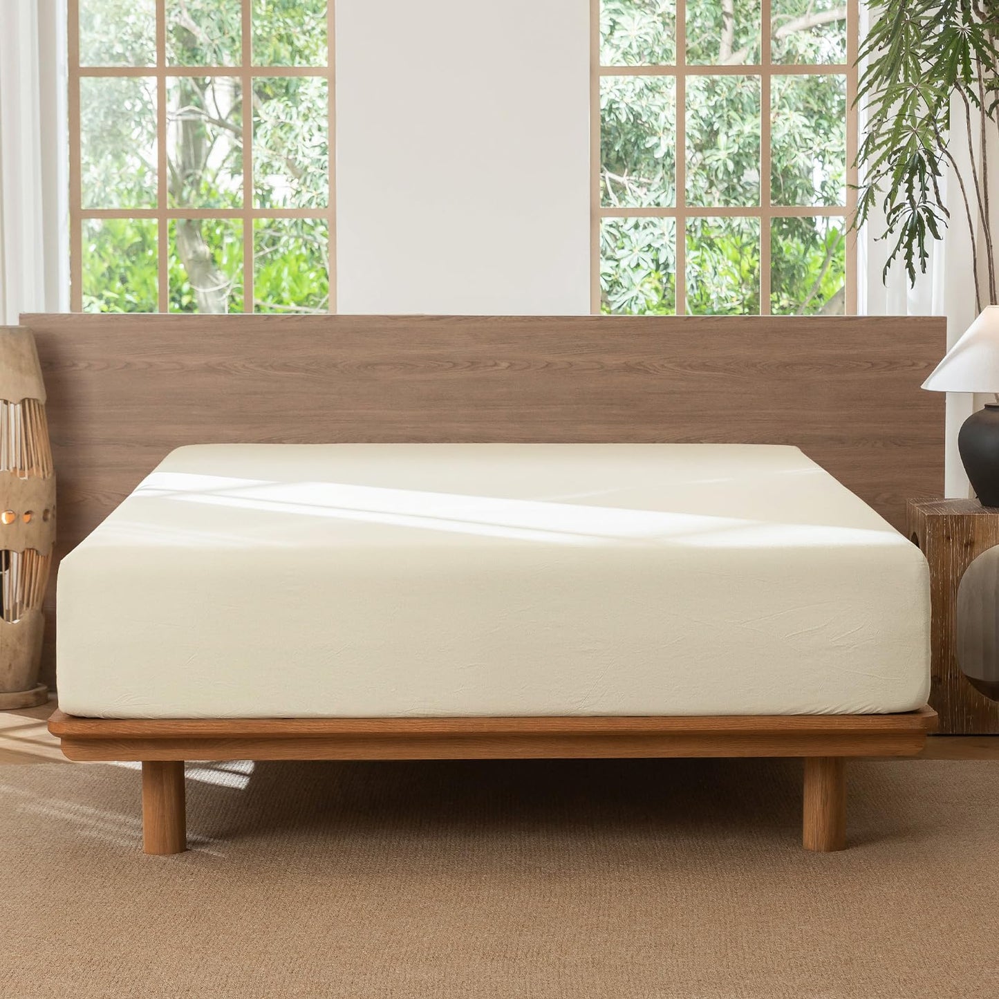 MooMee Fitted Bottom Sheet Only 100% Washed Cotton Linen Like Textured Breathable Durable Soft Comfy Deep Pocket Fits Mattress up to 17" (Cream White, King