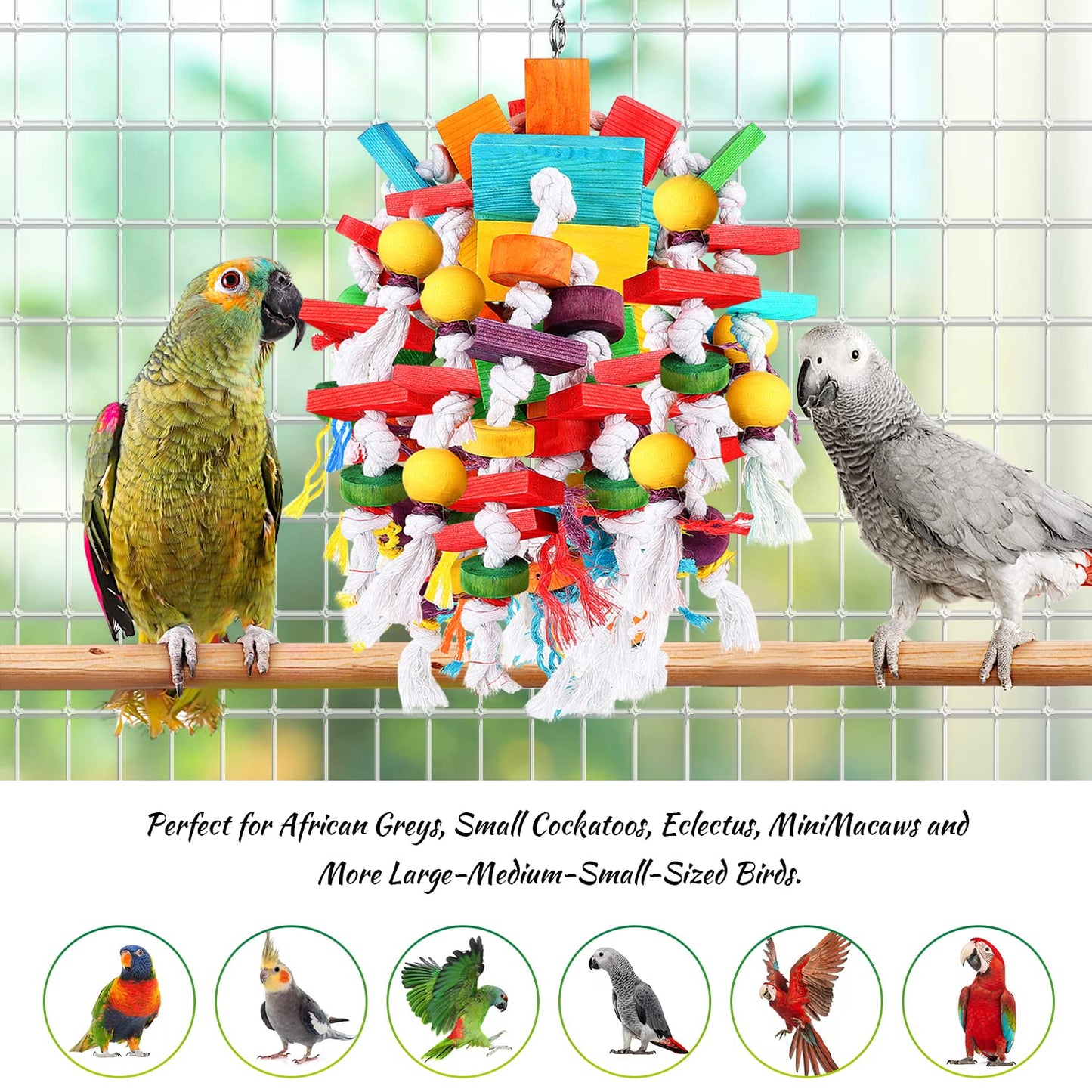 Jijizhazha Bird Chewing Toys, Multicolored Wooden Blocks, Best for African Grey Parrot, Macaws, Cockatoos & Amazon Parrots