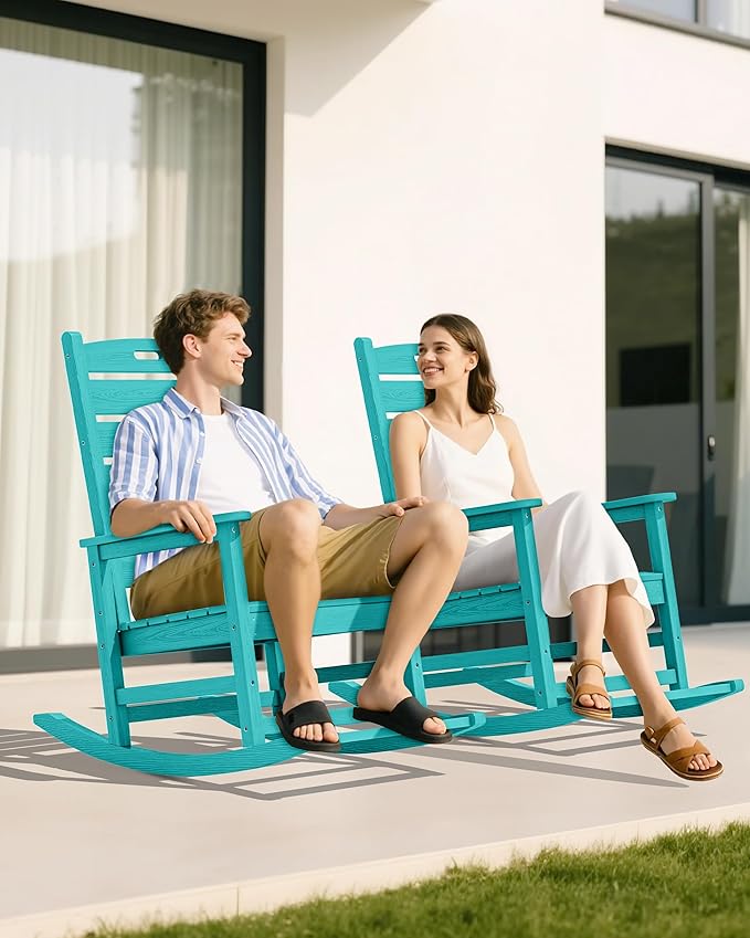 SERWALL Outdoor Rocking Chair Set of 2, Oversized Rocking Chair with Footboard for Adults, HDPE All Weather Resistant Rocking Chairs for Patio, 350lbs Weight Capacity,Aruba