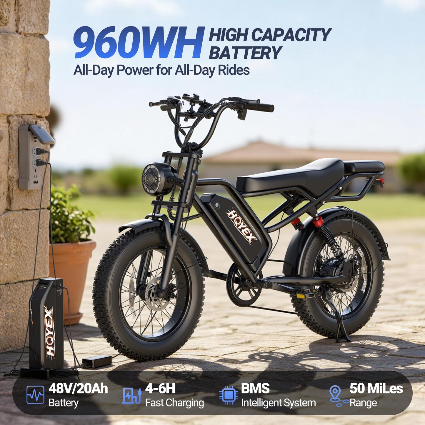 HQYEX Electric Bike for Adults, 1500W Brushless Motor Ebike, 20" Fat Tire Electric Bicycles, 48V 20Ah Battery, 31MPH Top Speed with Dual Suspension E Bikes (Black2)