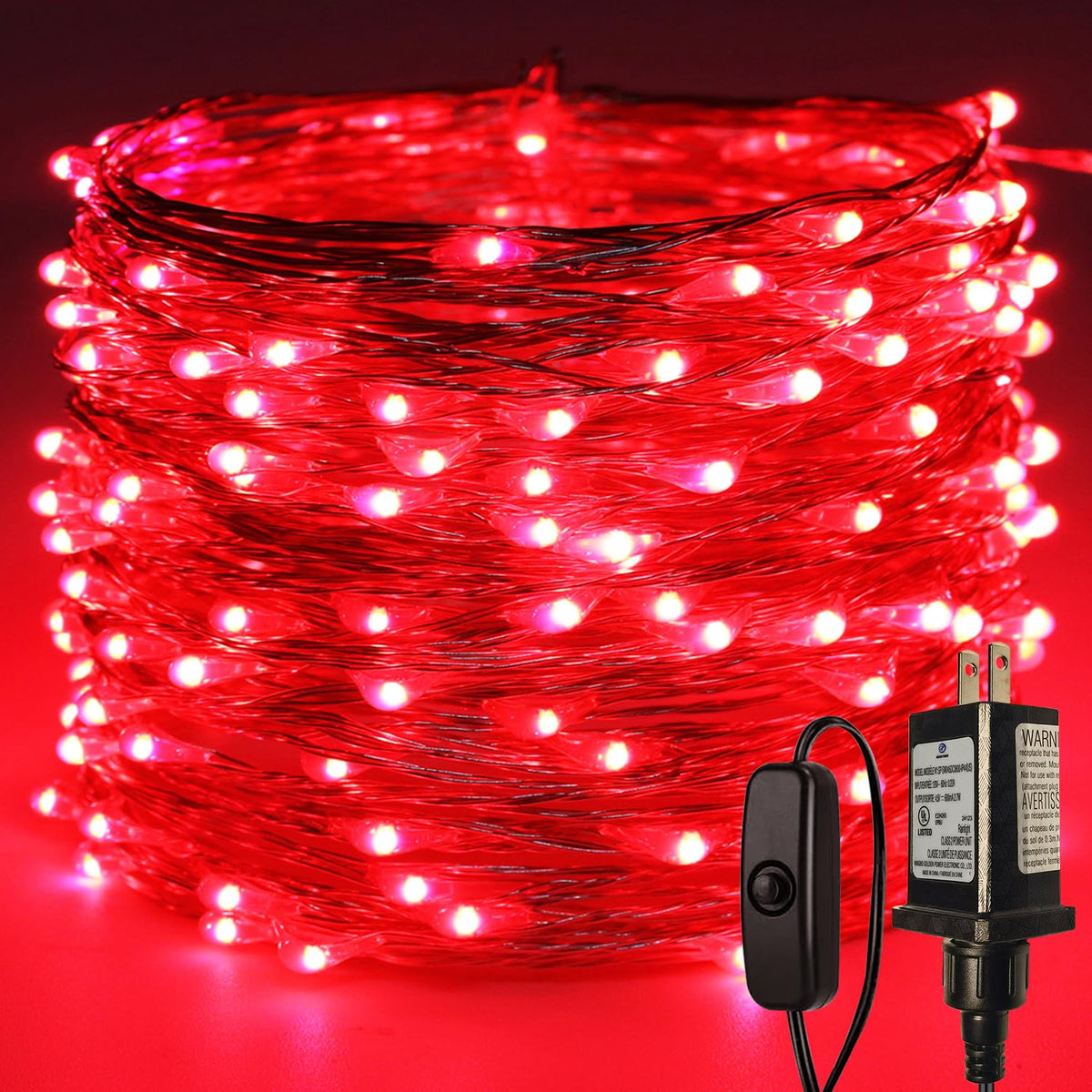 RUICHEN Plug in Fairy Lights with Switch, Waterproof 66 Ft 200 LED Silver Wire Starry String Firefly Lights for Bedroom, Patio, Garden, Balcony, Dorm, Red