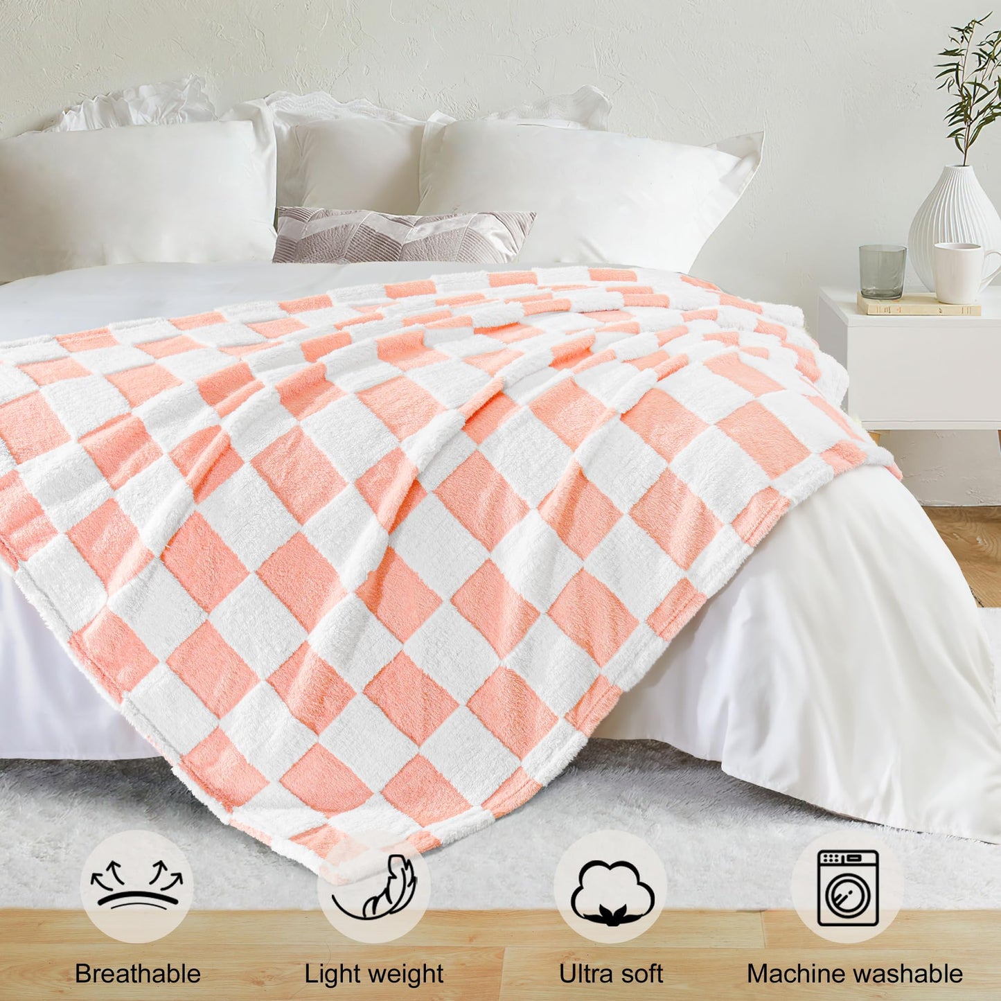 Exclusivo Mezcla Fleece Blanket Twin Size, Cozy Lightweight and Fuzzy Checkered Blankets for Couch or Bed, Suitable for All Seasons, Pink, 60" x 80"