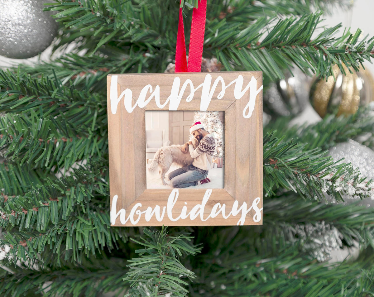 Pearhead Happy Howlidays Wooden Christmas Photo Ornament, Rustic Dog Picture Frame Christmas Tree Keepsake