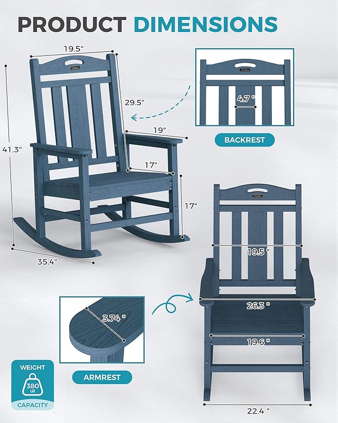 Ciokea Oversized Outdoor Rocking Chair, 380lbs Heavy-Duty Large Patio Rocker, Weather Resistant & Anti-Fade Porch Chair, High Back Cozy Rocking Chair for Outside, Fire Pit, Deck, Garden, Slate Blue