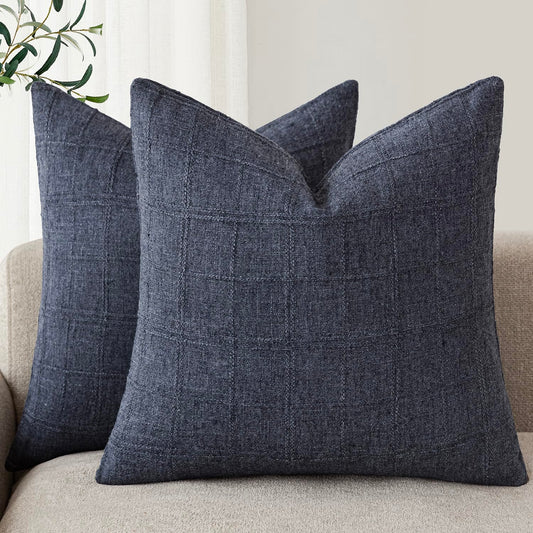 Foindtower Set of 2 Decorative Linen Check Throw Pillow Covers Neutral Farmhouse Vintage Cushion Covers Modern Boho Home Decor for Sofa Chair Couch Bedroom Living Room,18×18 Inch,Natural Beige