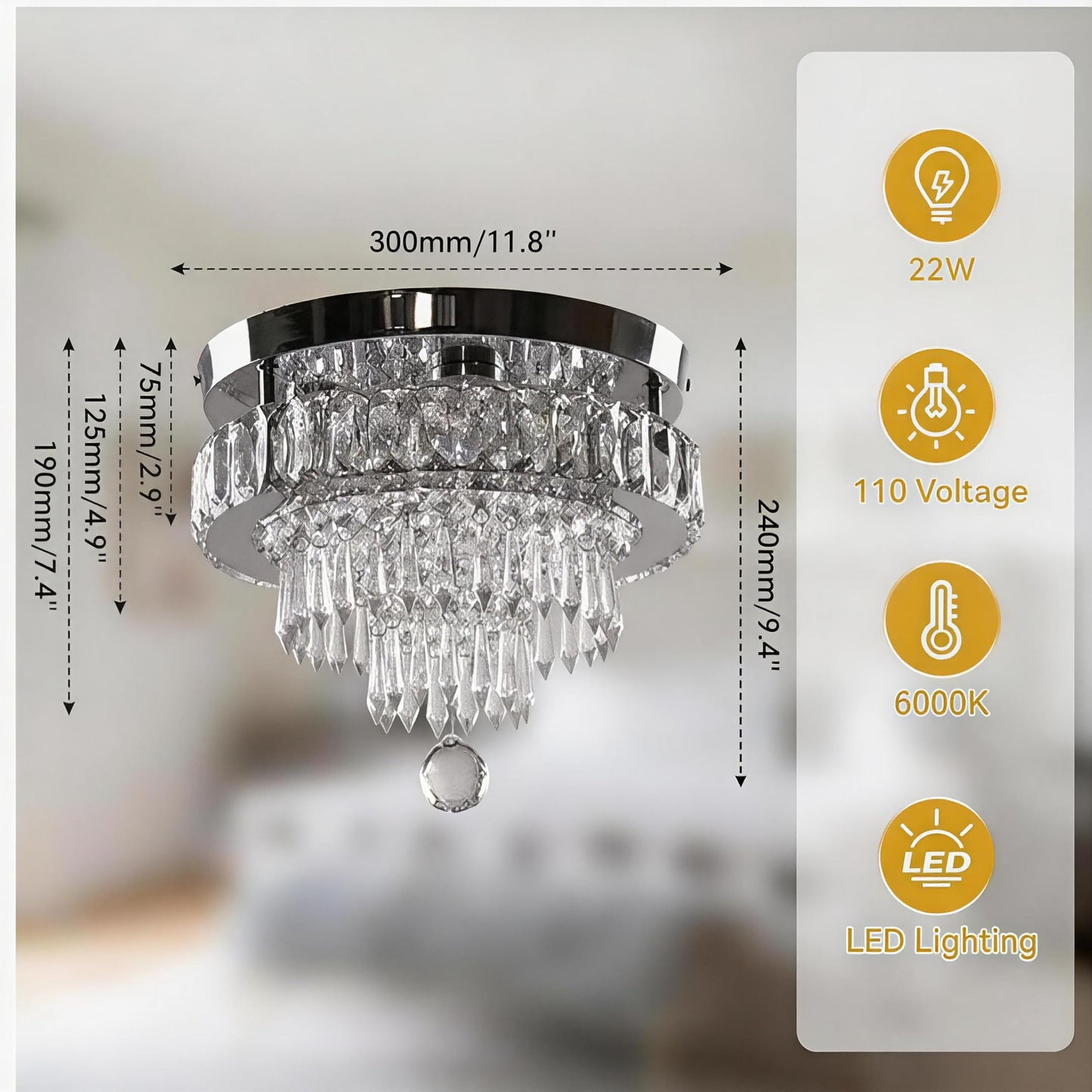 Finktonglan 11.8" Crystal Chandeliers, Morden Crystal Ceiling Light LED Small Chandeliers Semi Flush Mount Chandelier Room Light for Bedrooms Living Room Hallway (6500K White Light)
