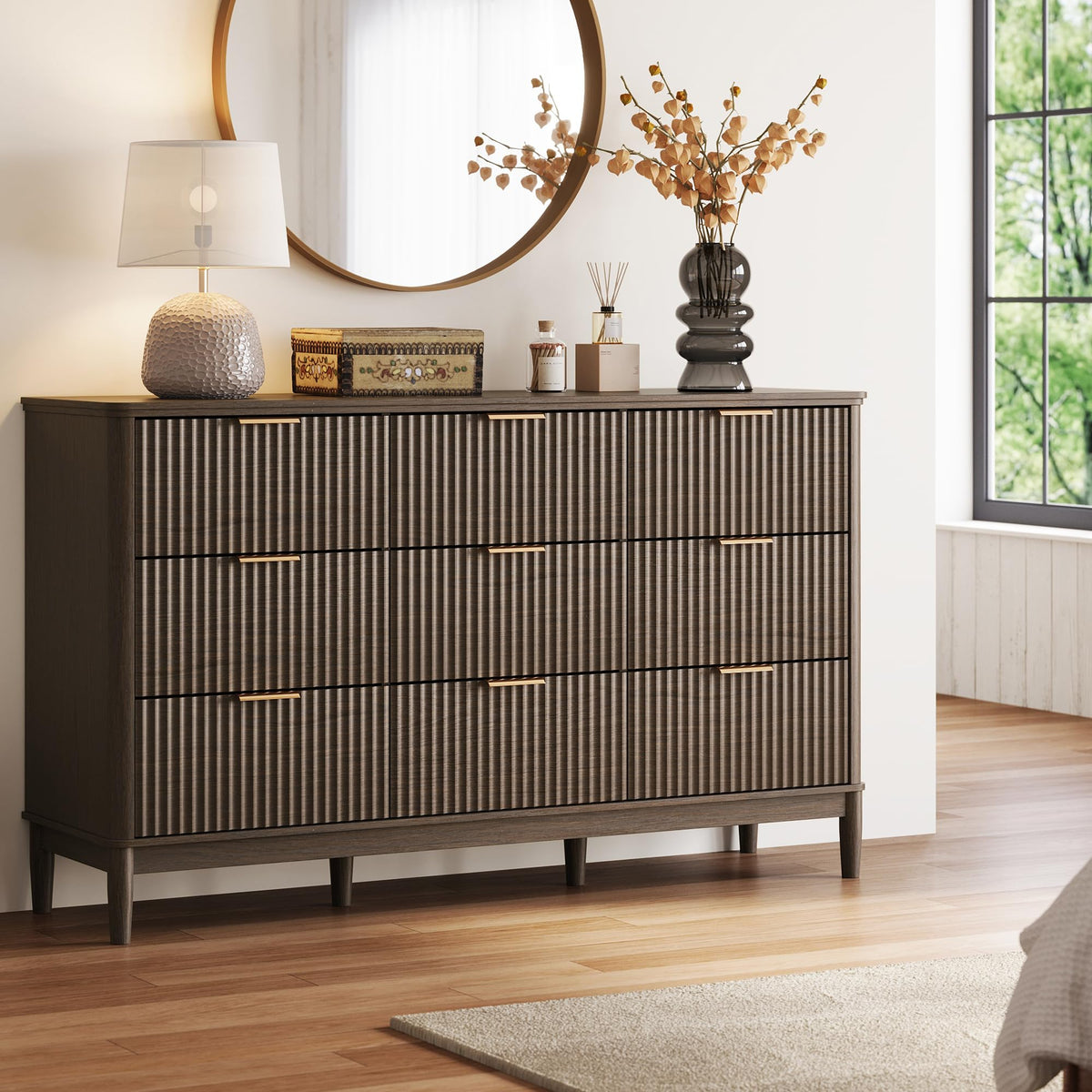 LINSY HOME Fluted Dresser for Bedroom with 9 Drawers, 58" Wide Mid Century Modern Dresser, Tall Boho Chest of Drawers, Large Wood Accent Storage Cabinet for Living Room, Curved Profile Design, Walnut