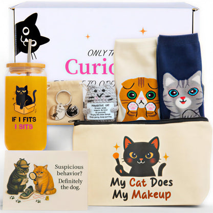 QUILE Fun Cat Mom Mothers Day Gifts Box, Cat Lover Gifts for Women, Premium Cats Themed Gifts Set for Women with Borosilicate Glass Cup Crochet Doll & Socks, Crazy Cats Lady Gift Basket for Birthday