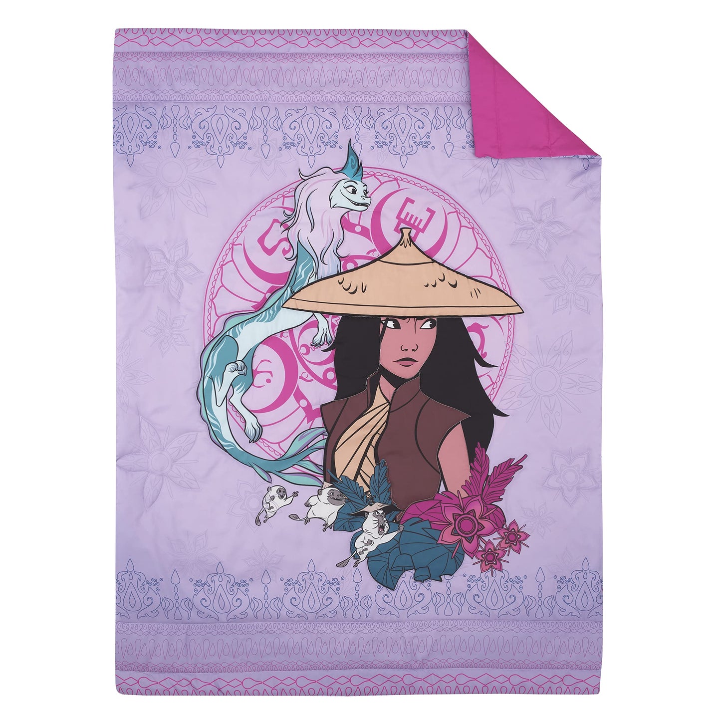 Disney Raya and The Last Dragon Mythic Pop Lavender, Magenta, and Blue with Sisu Dragon and Tuktuk 4 Piece Toddler Bed Set - Comforter, Fitted Bottom Sheet, Flat Top Sheet, and Reversible Pillowcase