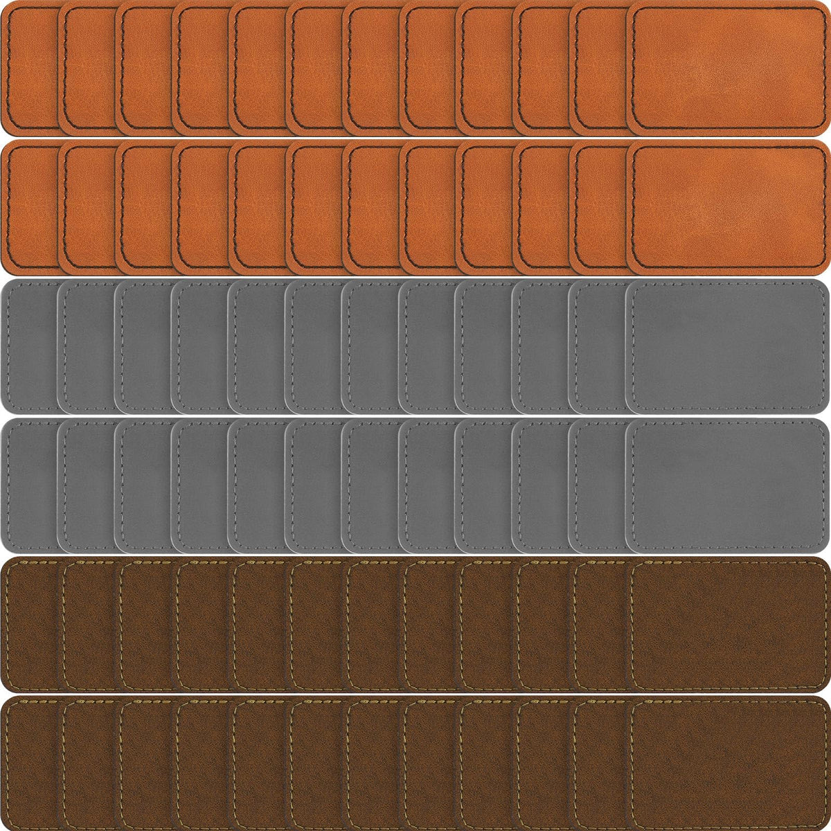 Dunzy 60 Pcs Leather Hat Patches Blank Leatherette Hat Patch with Adhesive Rectangle Laserable Leatherette Patch for Hats Custom Fabric Sew Laser Engraving DIY(Khaki, Gray, Golden Brown,3 x 2 Inch)