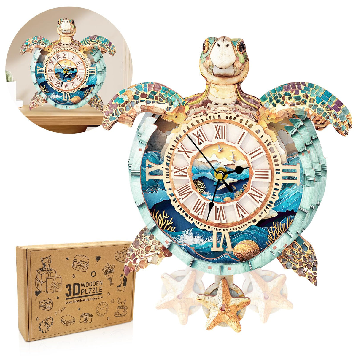 Cutywood 3D Puzzles for Adults Clock-Turtle Design Model Kit-Mechanical DIY Pendulum Clock with Roman Numerals-Desk Home Office Decor Personalized Gift for DIY Lovers
