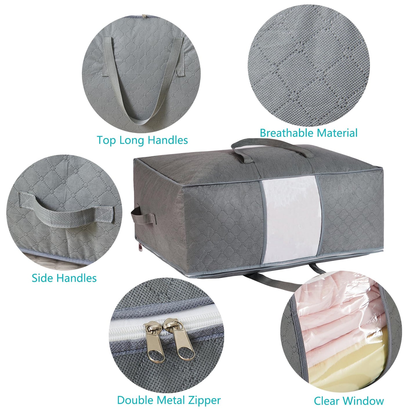 105L Extra Large Storage Bags for Blankets, King Comforters, Bedding, Clothes, Pillows, Sheets - Closet Organizers and Storage with 4 Handles & Clear Window, Foldable & Breathable (Grey, 6pack)