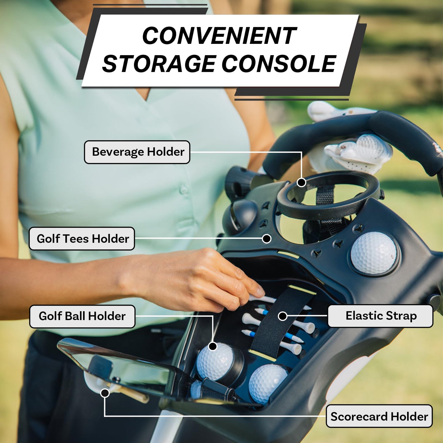 CUBE CART 3-Wheel Golf Push Cart – Ultra-Compact 14.5 lb Folding Golf Trolley, Two-Step Fold, Adjustable Handle, Foot Brake, Umbrella Holder & Built-in Storage - Charcoal/Black